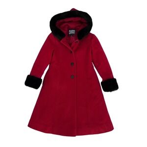 Rothschild Red Wool Blend Dress Coat with Faux Fur Hood Trim Children's Size 6